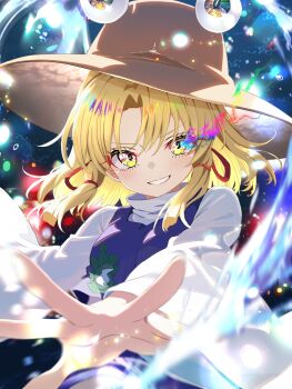 Rule 34 | 1girl, absurdres, blonde hair, commentary request, energy, flaming eye, foreshortening, grin, hat, highres, long sleeves, looking at viewer, medium hair, moriya suwako, outstretched hand, purple vest, pyonta, shirt, sidelocks, smile, solo, torikaze785, touhou, upper body, v-shaped eyebrows, vest, white shirt, yellow eyes