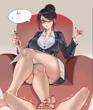 1boy 1girl absurdres academic_test bar_censor barefoot black_hair breasts brown_eyes censored cleavage clothed_female_nude_male crossed_legs feet footjob glasses hair_bun highres long_hair looking_at_viewer mature_female mole mole_under_eye nude parted_lips pen sitting soles teacher teacher_and_student toes ved