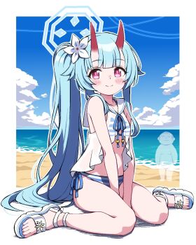 1girl beach bikini blue_archive blue_halo blue_sky blunt_bangs blush border buta_(dhakaoat) chise_(blue_archive) chise_(swimsuit)_(blue_archive) cloud doodle_sensei_(blue_archive) flower hair_flaps hair_flower hair_ornament halo highres horns long_hair long_sidelocks looking_at_viewer pink_eyes ponytail red_horns sailor_collar sand sandals semi-transparent sensei_(blue_archive) side_ponytail sidelocks sitting sky smile striped_bikini striped_clothes swimsuit very_long_hair wariza white_border white_flower