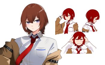 1girl 1other alternate_hair_length_(shorter) alternate_hairstyle arm_belt blush breast_pocket brown_jacket buckle closed_eyes collar commentary english_commentary from_side hands_on_another's_head highres holeecrab jacket leather_belt makise_kurisu multiple_views necktie pocket purple_eyes red_hair red_necktie science_adventure shirt short_hair simple_background steins;gate white_background white_shirt
