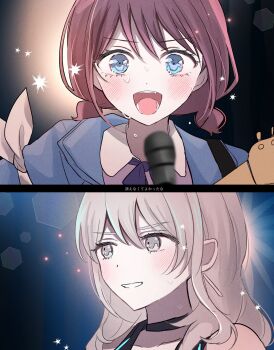 2girls absurdres black_choker blue_eyes blush brown_hair choker commentary fang girls_band_cry grey_eyes grey_hair guitar_strap hamchan69 highres indoors kawaragi_momoka long_hair low_twintails multiple_girls open_mouth short_hair short_twintails sparkle sweat teeth translation_request twintails