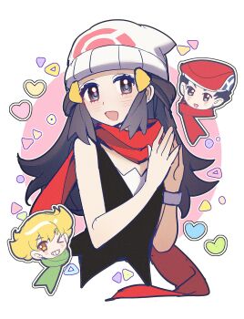 Rule 34 | 1girl, 2boys, :d, barry (pokemon), black eyes, black hair, black shirt, blonde hair, commentary, dawn (pokemon), green scarf, hair ornament, hairclip, hat, highres, long hair, looking at viewer, lucas (pokemon), multiple boys, nintendo, open mouth, pokemon, pokemon dppt, red hat, red scarf, scarf, shirt, shocho (shaojiujiu), short hair, sleeveless, sleeveless shirt, smile, solo focus, steepled fingers, symbol-only commentary, white hat