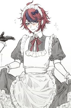 Rule 34 | 2boys, adjusting dress, ahoge, alternate costume, aotsuki eito, apron, black bow, black dress, black gloves, black streaks, blue eyes, blush, bow, collared dress, colored skin, commentary, crossdressing, crossdressing (mtf), dress, embarrassed, english commentary, enmaided, flying sweatdrops, frilled apron, frilled gloves, frills, gloves, hair bow, highres, maid, maid apron, maid headdress, male focus, male maid, multicolored hair, multiple boys, neck ribbon, out of frame, puffy sleeves, r314dor, red hair, red ribbon, ribbon, short hair, solo focus, sparkle, streaked hair, sumino takumi, sweat, the hundred line -last defense academy-, two-tone hair, white apron, white gloves, white skin