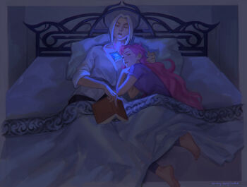 2girls aina_(mayexplode) bed blanket blue_shirt book camille_(league_of_legends) closed_eyes closed_mouth grey_shirt highres holding holding_book league_of_legends long_hair lying multiple_girls on_back on_side open_book parted_bangs pillow pink_hair pink_shirt seraphine_(league_of_legends) shirt short_hair short_sleeves