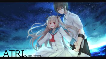 1boy 1girl :d \||/ absurdres ahoge ascot atri atri-my_dear_moments- backlighting black_hair black_pants black_ribbon blue_eyes blue_sailor_collar blush brown_hair closed_mouth cloud collared_shirt commentary copyright_name cowboy_shot crutch dress eyes_visible_through_hair floating_clothes floating_hair hair_between_eyes hair_ribbon happy highres holding_crutch ikaruga_natsuki letterboxed light_particles long_hair long_sleeves looking_at_another looking_at_viewer night nodoameyatou open_mouth outdoors pants red_ascot red_eyes ribbon sailor_collar sailor_dress shirt short_hair short_sleeves sidelocks sky smile star_(sky) starry_sky teeth two_side_up upper_teeth_only very_long_hair white_dress white_shirt wide_sleeves