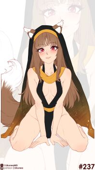 1girl absurdres animal_ear_fluff animal_ears barefoot blunt_bangs blush breasts brown_hair cleavage collarbone commentary ears_through_headwear english_commentary fang highres holo likunea lips long_hair looking_at_viewer medium_breasts nun parted_lips patreon_logo patreon_username pelvic_curtain red_eyes sidelocks simple_background sitting small_breasts smile solo solo_focus spice_and_wolf tail thighs twitter_username twitter_x_logo wolf_ears wolf_girl wolf_tail zoom_layer