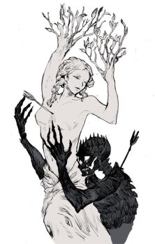 1boy 1girl arms_up arrow_(projectile) braid commentary_request greyscale monochrome monster_girl nagabe original plant_girl simple_background skeleton skirt stab topless_female white_background