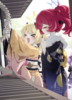 >_< 3girls alternate_costume alternate_hairstyle black_horns black_kimono black_ribbon black_wings blonde_hair blue_archive blurry blurry_background blush box capelet closed_eyes commentary_request day demon_girl demon_horns demon_tail demon_wings donation_box fur_capelet hair_ribbon halo haruka_(blue_archive) haruka_(new_year)_(blue_archive) hatsumoude highres holding holding_rope horns ibuki_(blue_archive) iroha_(blue_archive) japanese_clothes kimono long_sleeves low_wings multiple_girls natsuki_(gedo) new_year open_mouth outdoors palms_together pointy_ears praying purple_halo red_hair ribbon rope shrine shrine_bell side_ponytail smile tail wide_sleeves wings yellow_halo yellow_kimono