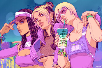 3girls adjusting_clothes adjusting_headwear arm_around_shoulder artist_name bad_id bad_pixiv_id black_hair blonde_hair blue_eyes bracelet breasts cleavage cleavage_cutout clothing_cutout collarbone crop_top cropped_jacket cup day double_bun dreadlocks drinking drinking_straw drinking_straw_in_mouth earrings english_text ermes_costello ferris_wheel fishnet_top fishnets foo_fighters_(jojo) green_eyes hair_bun hat jewelry jojo_no_kimyou_na_bouken keep_calm_and_carry_on kuujou_jolyne lips long_hair looking_at_viewer marion-ville medium_breasts midriff multicolored_hair multiple_girls outdoors overalls parted_bangs pink-tinted_eyewear pink-tinted_glasses power_lines purple-tinted_eyewear purple-tinted_eyewear see-through_clothes short_hair sleeveless star_(symbol) star_earrings star_print stone_ocean sunglasses tinted_eyewear tree turtleneck two-tone_hair underboob unzipped upper_body visor visor_cap wristband zipper