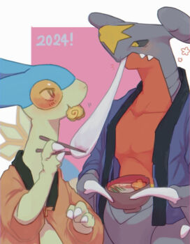 1boy 1other 2024 alternate_color animal_hands bad_id bad_pixiv_id black_eyes black_sclera blue_skin blush border bowl butter_(oshi8kyoumoh) chopsticks claws closed_mouth clothed_pokemon collarbone colored_sclera colored_skin dated dragon_boy eating eye_contact fangs fangs_out flygon food furry furry_male garchomp gen_3_pokemon gen_4_pokemon green_skin grey_skin hands_up happi happy_aura holding holding_bowl holding_chopsticks holding_food japanese_clothes looking_at_another mochi mochi_trail mouth_hold multicolored_skin muscular muscular_male new_year nintendo notice_lines open_clothes outside_border pink_background pokemon pokemon_(creature) profile red_skin shiny_pokemon simple_background soup standing two-tone_skin upper_body white_border wide_sleeves yellow_eyes yellow_skin zouni_soup