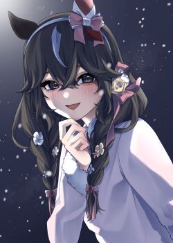 1girl 2hin03 absurdres alternate_costume animal_ears blush braid breasts brown_hair casual commentary curren_bouquetd'or_(umamusume) flower grey_hair hair_between_eyes hair_ornament hairband highres horse_girl long_hair looking_at_viewer low_twin_braids ribbon simple_background small_breasts snow solo symbol-only_commentary twin_braids umamusume