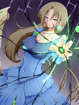 blue_dress breasts cleavage collarbone commentary_request covered_erect_nipples cracked_skin dress earrings empty_eyes energy extra_arms extra_legs flower_earrings gem glowing glowing_hand gradient_background green_gemstone grey_background highres hole_in_hand jewelry large_breasts light_brown_hair long_sleeves looking_at_viewer mon-musu_quest! mon-musu_quest:_paradox monster_girl mutant necklace outstretched_hand parted_lips partial_commentary purple_background raichi_(ddq0246) shesta_(mon-musu_quest!)