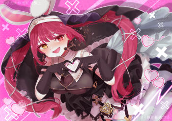 Rule 34 | 1girl, absurdres, alternate hair length (longer), animal ears, black bodystocking, black shirt, black shoes, breasts, cleavage, cleavage cutout, clothing cutout, commentary request, fake animal ears, four-finger heart hands, heart, heart cutout, heart hands, heterochromia, highres, hololive, houshou marine, houshou marine (ahoy!! you're all pirates), large breasts, long hair, maycat (kirakomomo), nun, nun headdress, official alternate costume, red eyes, red hair, shirt, shoes, smile, solo, thighhighs, twintails, very long hair, virtual youtuber, white thighhighs, yellow eyes