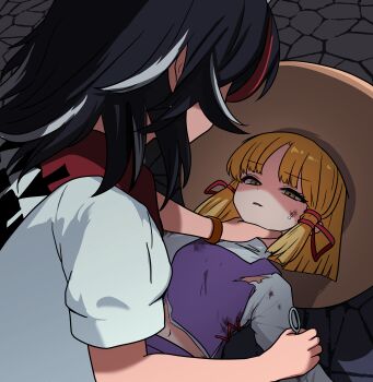 2girls absurdres asphyxiation blonde_hair defeat dirty dirty_clothes dirty_face hands_on_another's_neck hat highres impossible_spell_card kijin_seija looking_at_another lying monadmandara moriya_suwako multicolored_hair multiple_girls ryona short_hair sweat torn_clothes touhou