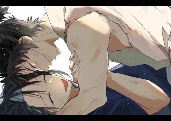 2boys aged_down black_hair blush closed_eyes dirty dirty_face fate/grand_order fate_(series) hijikata_toshizou_(fate) japanese_clothes kimono kondou_isami_(fate) long_hair lying male_focus multiple_boys noni_(3dal2socks) on_back open_mouth ponytail simple_background smile torn_clothes white_background yaoi