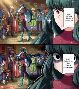 absurdres ace_trainer_(female)_(pokemon_lgpe) ace_trainer_(pokemon) anxiety black_hair blue_headband blush breasts brown_hair camper_(pokemon) cape channeler_(pokemon) comic covering_face covering_own_mouth english_text faceless faceless_female faceless_male frown green_headwear green_shorts hairband hakama hat headband highres japanese_clothes juggler_(pokemon) kneehighs kneeling komi-san_wa_komyushou_desu lass_(pokemon) lass_(pokemon_lgpe) medium_breasts mgx0 miniskirt mohawk nervous nintendo open_mouth paid_reward_available parody picnicker_(pokemon) pokemon pokemon_lgpe punk_guy_(pokemon) purple_hair red_cape red_eyes red_hair red_hakama sabrina_(pokemon) school_uniform shaded_face shorts skirt smile socks sparkle super_nerd_(pokemon) trembling white_hairband