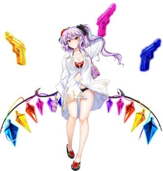 1girl :q alternate_costume alternate_hair_color apron bad_link bag beach bikini bikini_under_clothes black_bikini black_sandals blue_dress bow bowtie breasts chain cleavage collarbone collared_shirt crystal crystal_wings dress fairy fairy_maid_(touhou) fairy_wings flandre_scarlet flandre_scarlet_(vampire_pursuing_the_hunter's_vacation) flandre_scarlet_(vampire_pursuing_the_hunter) fleur-de-lis flower footwear_flower full_moon game_cg glasses gold_trim green_hair hair_flower hair_ornament hair_scrunchie hibiscus highres holding holding_shoes holding_unworn_clothes holding_water_gun large_breasts lens_flare long_hair long_sleeves looking_at_viewer maid maid_apron maid_headdress moon multicolored_wings multiple_girls nail_polish navel night o-ring o-ring_bikini ocean official_art one_side_up partially_unbuttoned pink_bag pointy_ears puffy_short_sleeves puffy_sleeves purple_hair rainbow rainbow_gradient red_bow red_bowtie red_eyes red_flower red_nails rotte_(1109) sand sandals scrunchie shirt shoes short_sleeves shoulder_bag sky solo sparkle star_(sky) swimsuit third-party_source toenail_polish toenails toes tongue tongue_out touhou touhou_lostword transparent_background unworn_shoes water_gun white_apron white_shirt wing_collar wings