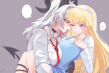 2girls black_choker black_gloves blank_speech_bubble blonde_hair blue_dress breasts choker closed_mouth collared_shirt commentary_request demon_tail dress earrings gloves grey_background grey_eyes hairband hand_on_another&#039;s_waist horns jewelry large_breasts long_hair long_sleeves mole mole_under_eye multiple_girls necktie one_eye_closed open_mouth phoebe_(wuthering_waves) pinafore_dress purple_eyes red_necktie red_pupils shirt simple_background sleeveless sleeveless_dress smile speech_bubble spoken_blush starblame tail tail_around_another&#039;s_leg tail_wrap white_hair white_hairband white_shirt wuthering_waves yuri zani_(wuthering_waves)