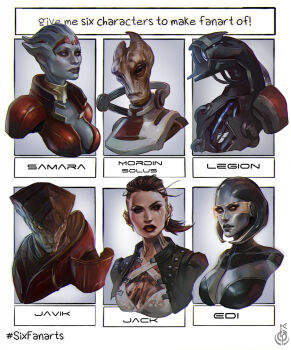 1other 2boys 3girls alien android armor black_eyes black_jacket bra breasts brown_eyes brown_hair cable character_name chest_tattoo colored_sclera commentary criss-cross_halter damaged ear_piercing edi_(mass_effect) english_commentary english_text engrish_commentary eva_kosmos extra_eyes floating_hair frown geth grey_lips halterneck head_tilt highres humanoid_robot jack_(mass_effect) jacket javik_(mass_effect) legion_(mass_effect) looking_ahead looking_at_viewer looking_to_the_side looking_up mass_effect_(series) mass_effect_2 mass_effect_3 medium_hair metal_skin mordin_solus multiple_boys multiple_drawing_challenge multiple_girls neck_tattoo one-eyed parted_lips piercing prothean red_lips robot salarian samara_(mass_effect) science_fiction six_fanarts_challenge small_breasts solid_eyes tattoo undercut underwear v-shaped_eyebrows white_bra white_jacket yellow_sclera
