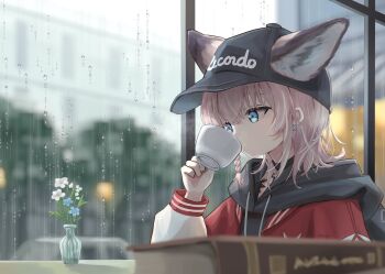 1girl animal_ears arknights blue_eyes commentary cup flower fox_ears genjaku hat highres holding holding_cup jacket official_alternate_costume rain solo sussurro_(arknights) sussurro_(travel_freely)_(arknights) window
