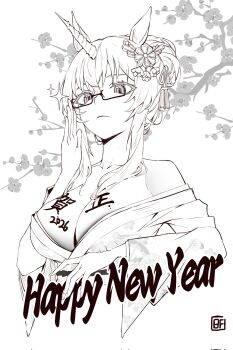 1girl 2026 adjusting_eyewear alternate_costume alternate_hairstyle animal_ears artist_name bare_shoulders bfs1557897975 black_souls black_souls_2 body_writing branch breasts calligraphy cherry_blossoms cleavage closed_mouth collarbone commentary_request cropped_torso crossed_bangs english_text expressionless floral_background floral_print floral_print_kimono glasses greyscale hair_bun hair_ornament hair_ribbon hair_up hand_on_eyewear hand_up happy_new_year highres horns horse_ears japanese_clothes kanzashi kimono large_breasts lineart long_sleeves looking_at_viewer monochrome new_year no_bra obi obijime off_shoulder print_kimono rectangular_eyewear ribbon sash semi-rimless_eyewear sidelocks single_hair_bun single_horn solo sparkle tareme tassel tassel_hair_ornament translation_request tsumami_kanzashi under-rim_eyewear unicorn_girl unicorn_horn unis_(black_souls) updo variant_set white_background wide_sleeves