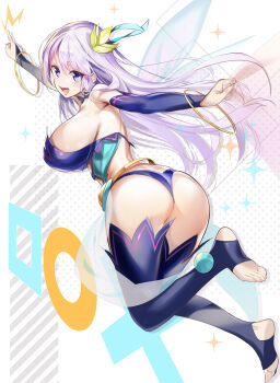 1girl ass blue_eyes breasts detached_sleeves fairy fairy_wings feet finger_pointing flower flower_on_head happy highres jewelry kisaragi_reona kyuukyoku_shinka_shita_full_dive_rpg_ga_genjitsu_yori_mo_kusoge_dattara large_breasts looking_back open_mouth pointing ring silver_hair smile source_request square toeless_legwear wings xo youta