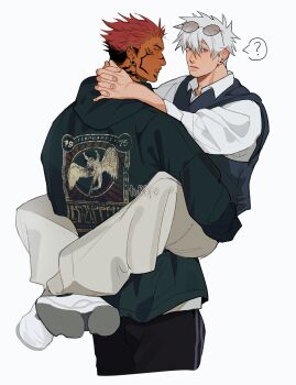 ? absurdres alternate_costume alternate_skin_color artist_name baggy_pants black_hoodie black_pants black_vest blue_eyes carrying carrying_person closed_mouth collared_shirt commentary cropped_legs crossed_ankles double_vertical_stripe ear_piercing earrings english_commentary eyebrow_piercing eyewear_on_head face_piercing facial_tattoo from_behind gojou_satoru gradient-tinted_eyewear hair_between_eyes hands_on_another's_neck highres hood hood_down hoodie jewelry jujutsu_kaisen led_zeppelin looking_at_viewer male_focus mole mole_on_neck mole_under_eye mole_under_mouth neck_tattoo own_hands_clasped own_hands_together pants parted_lips piercing pink_hair plug_(piercing) print_hoodie profile raised_eyebrows red_eyes round_eyewear ryoumen_sukuna_(jujutsu_kaisen) shirt shoes short_hair simple_background sleeves_rolled_up sneakers spiked_ear_piercing spoken_question_mark stud_earrings sunglasses tattoo teeth tinted_eyewear to_0fu vest watermark white_background white_hair white_pants white_shirt white_shoes yaoi