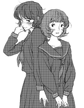 Rule 34 | 2girls, alternate costume, blush, commentary, english commentary, genderswap, genderswap (mtf), greyscale, highres, long sleeves, mike wheeler, monochrome, multiple girls, natsupochipon, neckerchief, open mouth, sailor collar, school uniform, serafuku, short hair, skirt, stranger things, will byers