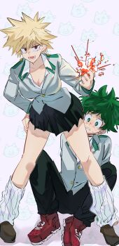 1boy 1girl abstract_background absurdres animal_background bakugou_katsuki bibiri_(r42r98r) black_pants black_skirt blazer blonde_hair boku_no_hero_academia breasts brown_shoes cleavage clenched_hand commentary_request epaulettes explosion freckles genderswap genderswap_(mtf) gold_buttons green_eyes green_hair grey_jacket hand_on_own_hip highres jacket kneehighs large_breasts leaning_forward loose_socks lower_teeth_only midoriya_izuku nervous open_mouth pants pink_background pleated_skirt red_eyes red_shoes ribbed_socks sanpaku school_uniform shaded_face shoes skirt sneakers socks spiked_hair sweat tareme teeth tsurime u.a._school_uniform unbuttoned unbuttoned_shirt