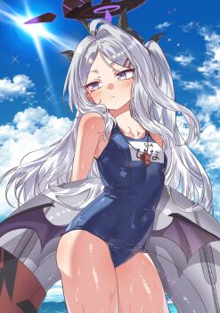 1girl absurdres ahoge black_halo blue_archive blue_sky blush breasts commentary_request day demon_girl demon_horns demon_wings halo highres hina_(blue_archive) hina_(swimsuit)_(blue_archive) horns long_hair low_wings namaniku_(user_nxxf7457) ocean old_school_swimsuit outdoors purple_eyes school_swimsuit sky small_breasts solo sweat swimsuit very_long_hair white_hair wings