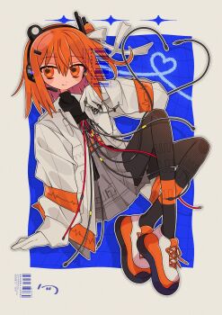 1girl a.i._voice adachi_rei android black_pantyhose blue_background cable full_body gloves grey_skirt headset heart heart_of_string highres jacket long_sleeves looking_at_viewer mechabare medium_hair miniskirt nasi_(na_si) open_clothes open_jacket orange_eyes orange_hair outline pantyhose pleated_skirt shoes skirt sneakers solo utau watermark white_gloves white_jacket white_outline