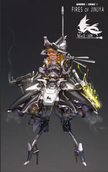 1girl absurdres armored_core armored_core_vi:_fires_of_rubicon black_hat blonde_hair braid closed_mouth commentary_request cookie_(touhou) cyborg d_tomoki full_body goggles grey_background gun hat highres holding holding_gun holding_weapon kirisame_marisa long_hair looking_at_viewer mechanization prosthesis prosthetic_leg red-framed_eyewear side_braid simple_background single_braid smile smoke smoking_barrel solo touhou uzuki_(cookie) weapon yellow_eyes