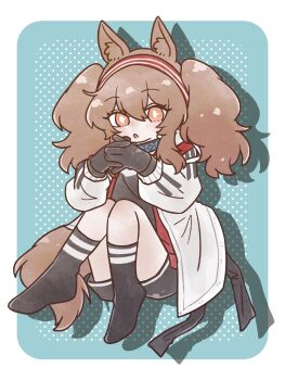 Rule 34 | 1girl, :o, angelina (arknights), animal ear fluff, animal ears, arknights, black collar, black gloves, black shorts, black socks, blue background, border, bright pupils, brown hair, coat, collar, commentary request, deformed, dotted background, drop shadow, fox ears, fox girl, fox tail, full body, gloves, hairband, highres, infection monitor (arknights), invisible chair, jacket, kneehighs, long hair, long sleeves, no nose, nunnuje a u e, open clothes, open coat, open jacket, open mouth, orange eyes, outside border, own hands clasped, own hands together, red hairband, red jacket, shorts, sidelocks, sitting, socks, solo, striped clothes, striped hairband, tail, twintails, two-tone hairband, white border, white coat, white pupils