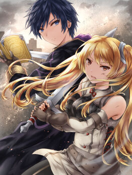 1boy 1girl alternate_eye_color alternate_hair_color black_robe blonde_hair blue_eyes blue_hair book breasts brown_gloves commentary_request commission fingerless_gloves fire_emblem fire_emblem_awakening floating_hair gloves grey_gloves highres holding holding_book holding_sword holding_weapon hood hood_down hooded_robe kei_(asufend) long_hair male_robin_(fire_emblem) medium_breasts nintendo pixiv_commission robe severa_(fire_emblem) short_hair sword twintails very_long_hair weapon
