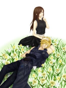 Rule 34 | 00s, 1990s (style), 1boy, 1girl, belt, blonde hair, brown eyes, brown hair, cloud strife, couple, final fantasy, final fantasy vii, final fantasy vii: advent children, flower, gloves, hetero, retro artstyle, short hair, sleeping, tifa lockhart, yan (ka yan)