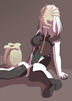 1girl alien alien_(1979) alien_(series) black_leotard boots elbow_gloves facehugger female_focus gloves highres invisible invisible_girl leotard manohara_touka_(pastoji_donburi) original pastoji_donburi prismatear_(pastoji_donburi) sitting superhero_costume thigh_boots thighhighs white_gloves white_hair