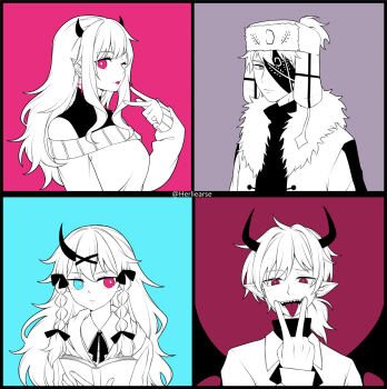 2boys 2girls :d ;3 artist_name bare_shoulders black_border blue_background blue_eyes book border bow braid breasts bright_pupils brother_and_sister chinese_commentary closed_mouth collared_shirt commentary_request cross cross_earrings demon_boy demon_horns demon_wings double-parted_bangs earrings eyepatch family father_and_daughter father_and_son fingernails friday_night_funkin&#039; fur-trimmed_jacket fur_trim greyscale_with_colored_background hair_between_eyes hair_bow hair_ornament hand_up hands_up hat herliearse heterochromia highres holding holding_book hood hood_down hoodie horns humanization inward_w jacket jewelry large_breasts long_hair long_sleeves looking_at_viewer looking_to_the_side low_ponytail mother_and_daughter mother_and_son multiple_boys multiple_girls neck_ribbon off-shoulder_sweater off_shoulder one_eye_closed open_clothes open_jacket open_mouth pink_background pink_eyes pink_hair pointy_ears ponytail portrait puffy_long_sleeves puffy_sleeves purple_background purple_eyes rasazy_(friday_night_funkin&#039;) ribbon ruvyzvat_(friday_night_funkin&#039;) sarvente_(friday_night_funkin&#039;) selever_(friday_night_funkin&#039;) sharp_teeth shirt short_hair short_ponytail siblings sidelocks simple_background single_horn sleeveless sleeveless_turtleneck sleeves_past_wrists slit_pupils smile straight-on sweater teeth tongue tongue_out turtleneck turtleneck_shirt twin_braids upper_body ushanka v v_over_mouth w wings x_hair_ornament