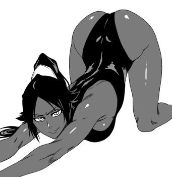 1girl art_errrday black_hair black_leotard bleach breasts closed_mouth dark-skinned_female dark_skin female_focus highres large_breasts leotard long_hair looking_at_viewer monochrome parted_bangs ponytail shihouin_yoruichi shiny_skin simple_background smile stretching white_background