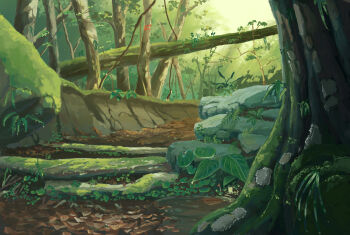 commentary_request day forest gingham_vest_(artist) grass highres landscape leaf nature no_humans original outdoors rock scenery tree