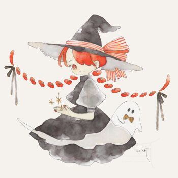 1girl black_dress black_hat braid dress floating_hair from_side ghost hair_over_one_eye hat hat_ribbon highres long_hair looking_at_viewer looking_to_the_side one_eye_covered original painting_(medium) puffy_short_sleeves puffy_sleeves red_eyes red_hair red_nails ribbon short_sleeves signature simple_background solo striped_ribbon traditional_media twin_braids watari_(nijimukiokuiro) watercolor_(medium) witch_hat