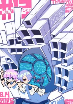 2boys blue_eyes controller gloves highres looking_at_viewer monitor multiple_boys panty_&amp;_stocking_with_garterbelt pink_hair polyester_(psg) polyurethane_(psg) purple_hair red_eyes simonori teeth white_gloves