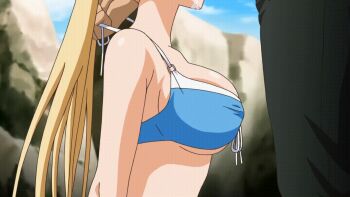 1boy 1girl animated animated_gif anime_screenshot bare_shoulders bikini black_pants blonde_hair blue_bikini bouncing_breasts breasts drooling father_and_daughter highres implied_fellatio incest large_breasts long_hair looping_animation makino_fuyu oni_chichi_2 pants rape ribbon-trimmed_bikini ribbon_trim swimsuit torso_only
