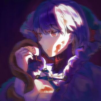 1girl animal animal_on_arm arm_up blood blood_on_face blue_hair breasts cape ciel_(tsukihime) cleavage forked_tongue fur_cape hair_between_eyes michael_roa_valdamjong naked_cape possessed red_eyes roa-ciel short_hair snake snake_wrapped_around_arm tongue tsukihime tsukihime_(remake) vampire yuzhenuuu11981