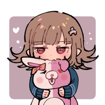 Rule 34 | 1girl, :o, biting, blush, bow, brown hair, danganronpa (series), danganronpa 2: goodbye despair, ear bow, flipped hair, hair ornament, heart, heterochromia, highres, jacket, long sleeves, medium hair, monomi (danganronpa), nanami chiaki, pink background, pink eyes, white background, youko-shima