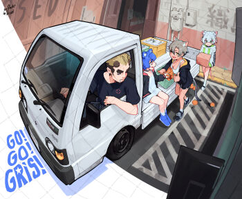 1boy 3girls :d =_= alley animal_ear_fluff animal_ears ankle_socks antenna_hair arm_rest artist_name asymmetrical_bangs bags_under_eyes bear_ears bear_girl beard_stubble beer_crate black_choker black_hair black_jacket black_pants black_shirt black_shoes black_shorts black_streaks black_tail blonde_hair blue_hair blue_leg_warmers blue_shoes blunt_bangs blunt_ends blunt_sidelocks bob_cut boss_(go!_go!_gris!) bottle bouncing box breasts broken_horns brown_horns buttons car cardboard_box carrying cat_ears cat_girl cat_tail center-flap_bangs choker cigarette cleavage closed_mouth cocked_eyebrow collarbone colored_tips commentary copyright_name crew_cut curled_tail curtained_hair dark-skinned_female dark_skin dolphin_shorts dot_nose double-parted_bangs drawstring dress dropped_food ear_piercing earrings english_commentary english_text extra_ears eyebrows_hidden_by_hair facial_hair fang fisheye flat_chest flipped_hair food foot_dangle from_above fruit furrowed_brow go!_go!_gris! gradient_tail green_eyes green_hoodie green_trim grey_car grey_hair grey_hoodie grey_sandals grey_socks grey_tail grey_trim grid grin gris_(go!_go!_gris!) hair_intakes hair_over_one_eye half-closed_eyes hands_up highres holding holding_box holding_food holding_fruit hood hood_down hooded_jacket hoodie horns ice jacket jewelry kara_(go!_go!_gris!) kei_truck large_breasts leaning_forward leaning_to_the_side leg_warmers legs_together logo long_eyelashes long_hoodie long_sleeves looking_at_another looking_at_food looking_at_object looking_at_viewer looking_back looking_down looking_outside motion_lines motor_vehicle mouse_ears mouse_girl mouse_tail multicolored_hair multicolored_jacket multiple_girls multiple_piercings narrowed_eyes no_pants one-eyed open_clothes open_jacket open_mouth open_window orange_(fruit) pants parted_bangs pavement perl_(go!_go!_gris!) pickup_truck piercing pink_eyes pink_hair pink_jacket pink_tail pink_trim print_hoodie profile puffy_long_sleeves puffy_sleeves raised_eyebrow raised_eyebrows raised_inner_eyebrows sandals scar scar_across_eye scar_on_face shirt shoes short_dress short_hair short_shorts short_sleeves shorts sideburns sideburns_stubble sidelocks sideways_mouth sitting sleeveless sleeveless_dress sleeves_past_wrists slides slip-on_shoes slit_pupils smile smoking sneakers socks spaghetti_strap sports_bra stubble stud_earrings tail thick_eyebrows thick_eyelashes thumbs_up truck turning_head turtleneck turtleneck_shirt two-sided_fabric two-sided_hoodie two-sided_jacket two-tone_hair two-tone_hoodie two-tone_jacket two-tone_tail unbuttoned v-shaped_eyebrows walking white_background white_dress white_sandals white_socks white_sports_bra window yellow_eyes yellow_jacket zepocketdroid