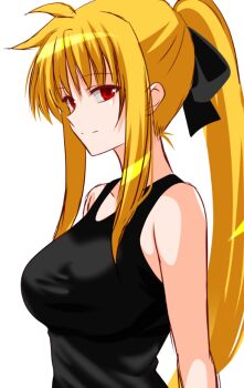 Rule 34 | 1girl, black bow, black tank top, blonde hair, bow, breasts, closed mouth, commentary request, engo (aquawatery), fate testarossa, hair bow, large breasts, light smile, long hair, looking at viewer, lyrical nanoha, mahou shoujo lyrical nanoha strikers, ponytail, red eyes, solo, tank top, very long hair