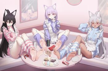 3girls :p absurdres animal_ears barefoot black_hair blush cake cake_slice can choko_(hrodvitnir) dark-skinned_female dark_skin drink_can feet feet_on_table food grey_hair highres leg_warmers linji_(hrodvitnir) long_hair looking_at_viewer macaron medium_hair multiple_girls open_mouth original panties pantyshot pharamacom podo_(hrodvitnir) pointy_ears ponytail purple_eyes purple_hair red_eyes soda_can soles sweets toes tongue tongue_out underwear