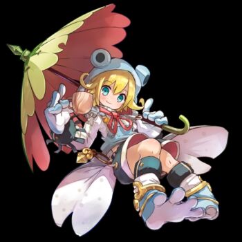 1girl animal_hood aqua_eyes black_background blonde_hair blue_gloves blue_hood blush closed_mouth cup flat_chest flipped_hair frog_girl full_body gloves highres holding holding_cup holding_umbrella hood kickel_(merc_storia) long_sleeves merc_storia merc_storia_art_team official_art overalls shirt simple_background smile socks solo standing tachi-e umbrella white_shirt white_socks