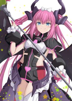1girl black_dress blue_eyes blush bow breasts cross_(crossryou) curled_horns dragon_horns dragon_tail dragon_wings dress elizabeth_bathory_(fate) elizabeth_bathory_(perfect)_(fate) elizabeth_bathory_(perfect)_(third_ascension)_(fate) fate/grand_order fate_(series) hairband highres horns layered_skirt long_hair long_sleeves looking_at_viewer mechanical_dress pink_hair pink_skirt pink_trim pointy_ears polearm skirt small_breasts smile solo spear tail thighhighs thighs two_side_up weapon white_thighhighs wings