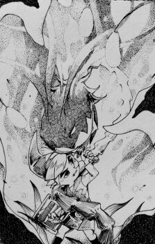 1boy fighting greyscale hat kalle_demos kandori_makoto link monochrome monster nintendo open_mouth shield sword the_legend_of_zelda the_legend_of_zelda:_the_wind_waker toon_link traditional_media tunic weapon